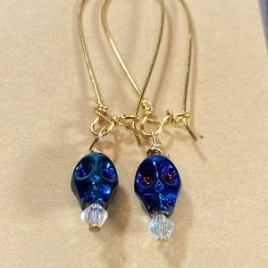 Gold Oval Hoop Earrings with Blue Skull Dangle Earrings